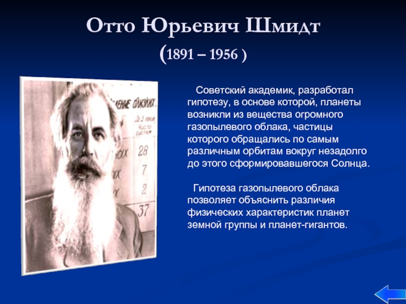 Отто Юрьевич Шмидт (1891 – 1956 )  Советский академик, разработал гипотезу, в основе которой, планеты возникли