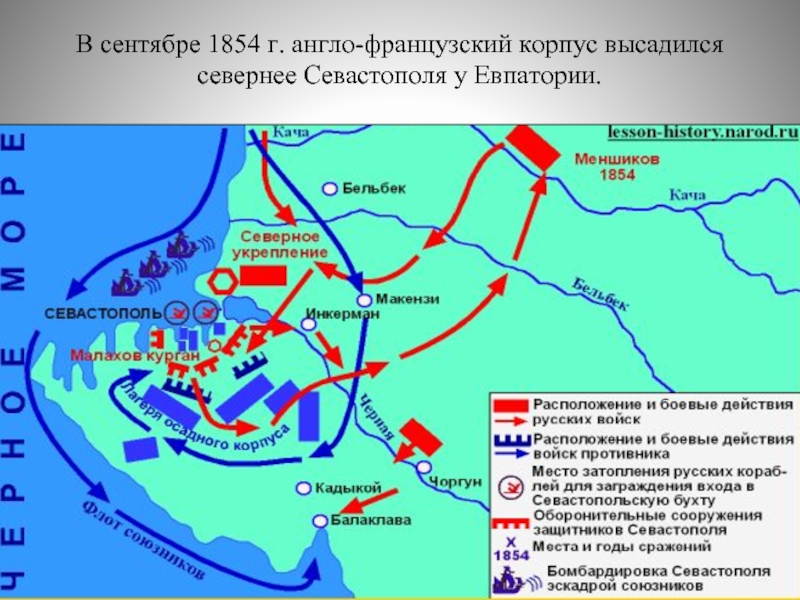В сентябре 1854 г. англо-французский корпус высадился севернее Севастополя у Евпатории.