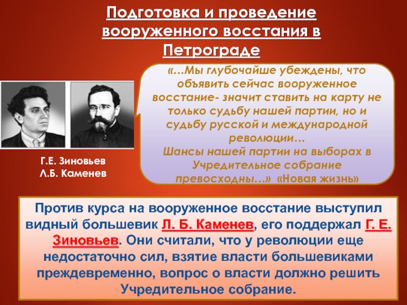 Против курса на вооруженное восстание выступил видный большевик Л. Б. Каменев, его поддержал Г. Е. Зиновьев. Они