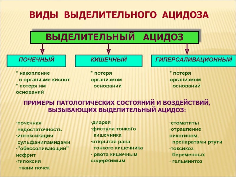 Продукты ацидоз. Виды ацидоза. Виды выделительного ацидоза. Выделительный ацидоз патогенез. Выделительный ацидоз причины.