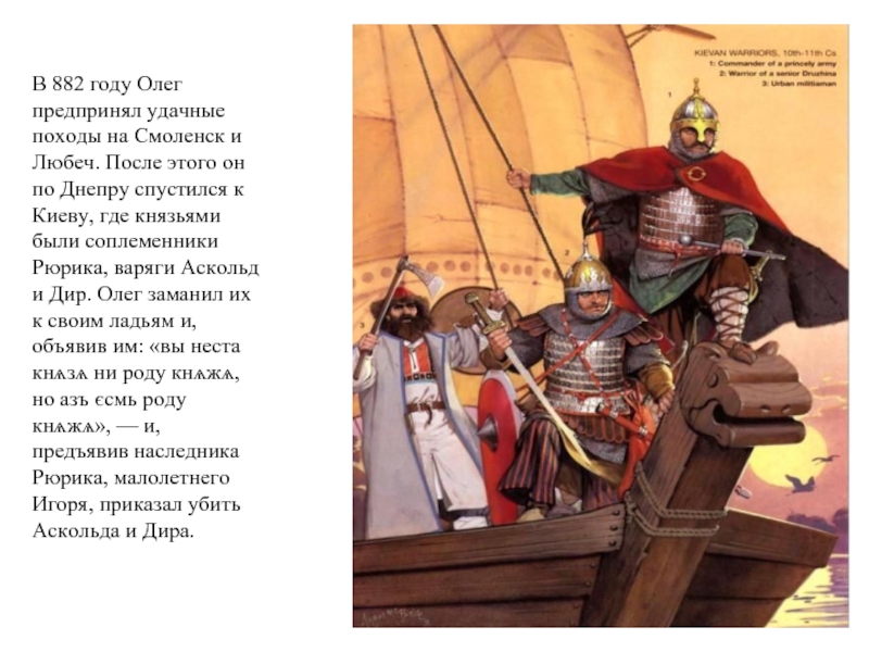 В 882 году Олег предпринял удачные походы на Смоленск и Любеч. После этого он по Днепру спустился