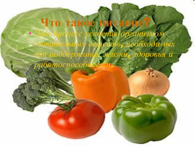 Что такое питание? Это процесс усвоения организмом питательных веществ, необходимых для поддержания жизни, здоровья