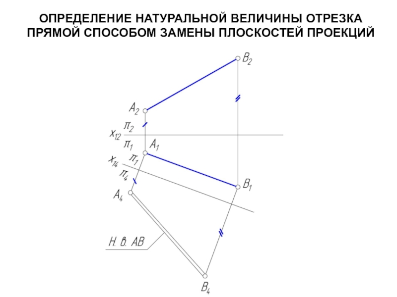 Истинная длина отрезка. Натуральная величина отрезка методом замены плоскостей. Определить натуральную величину плоскости методом замены плоскостей. Определение натуральной величины отрезка прямой. Определение натуральной величины отрезка методом замены плоскостей.