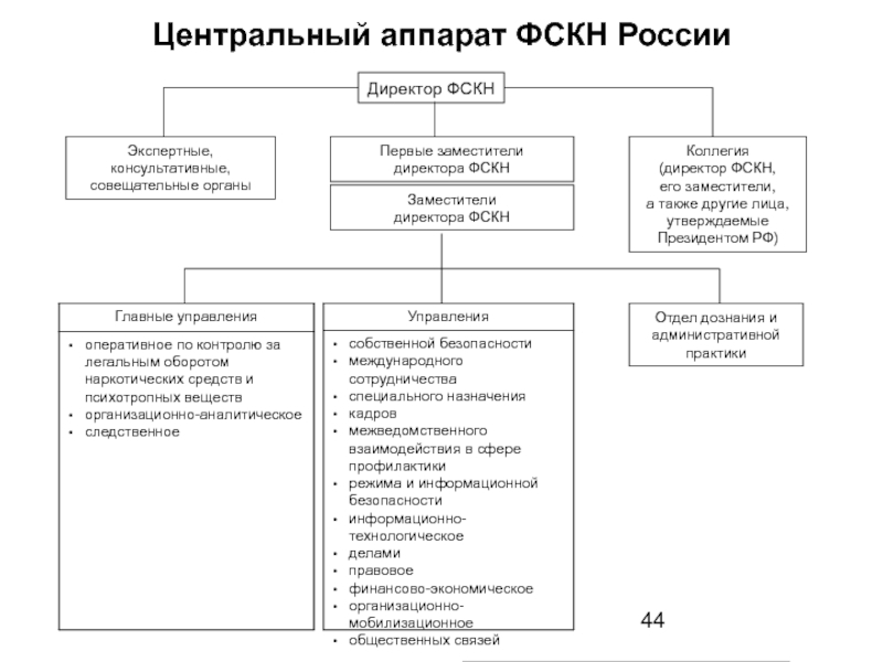 Центральный аппарат организации. Структура ФСКН России схема. Госнаркоконтроль структура.