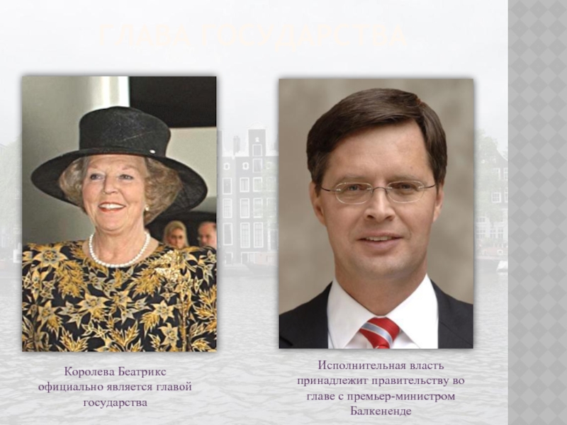 Глава государстваКоролева Беатрикс официально является главой государстваИсполнительная власть принадлежит правительству во главе с премьер-министром Балкененде