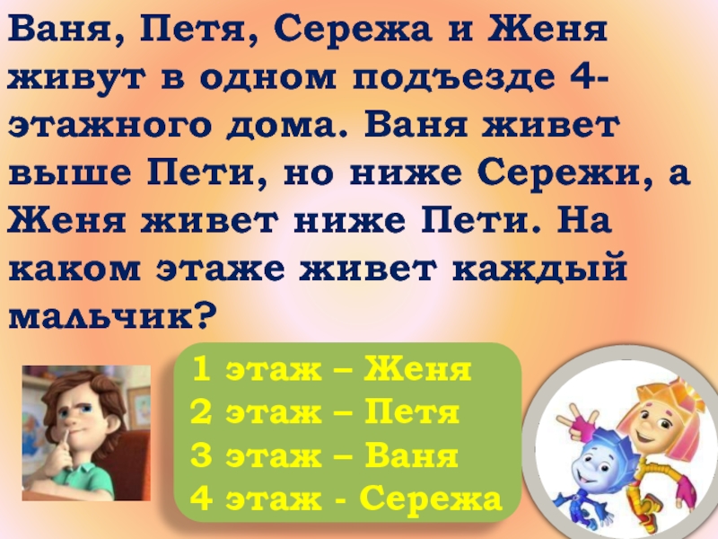 Пете этаж. Ваня живет выше Пети. Петя и Сережа живут в 1 доме. Сколько живут жени. Ваня ниже Пети.