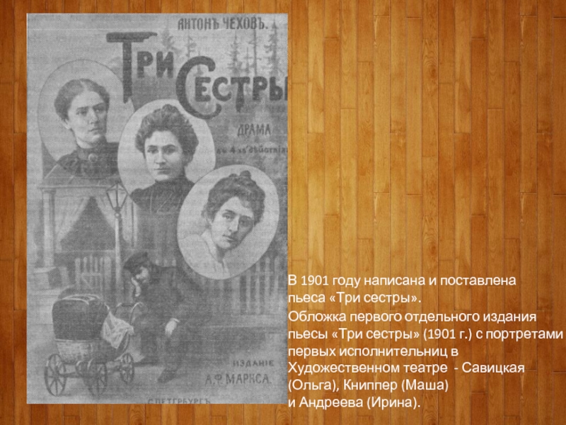 В 1901 году написана и поставлена пьеса «Три сестры».Обложка первого отдельного издания пьесы «Три сестры» (1901 г.) с портретами