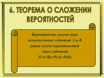 6. ТЕОРЕМА О СЛОЖЕНИИ
ВЕРОЯТНОСТЕЙ
Вероятность суммы двух
несовместных событий