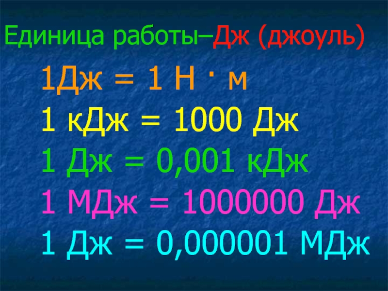 Единица работы–Дж (джоуль)1Дж = 1 Н · м1 кДж = 1000 Дж 1 Дж = 0,001 кДж1