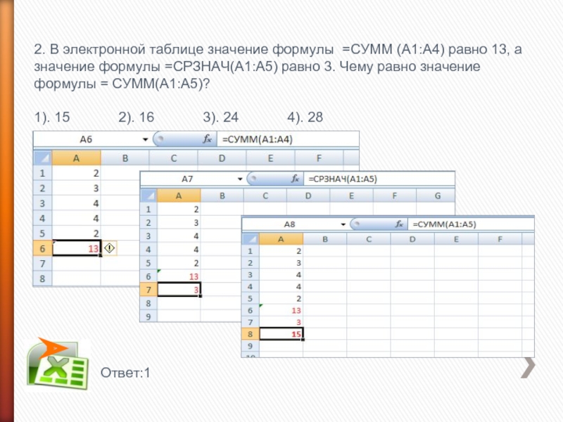 2. В электронной таблице значение формулы =СУММ (А1:А4) равно 13, а значение формулы =СРЗНАЧ(А1:А5) равно 3. Чему