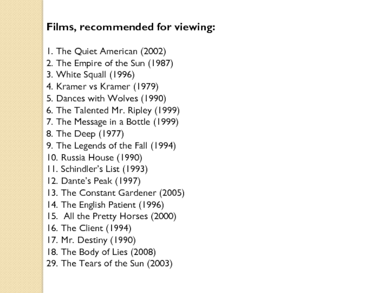 Films, recommended for viewing:  1. The Quiet American (2002)2. The Empire of the Sun (1987)3. White