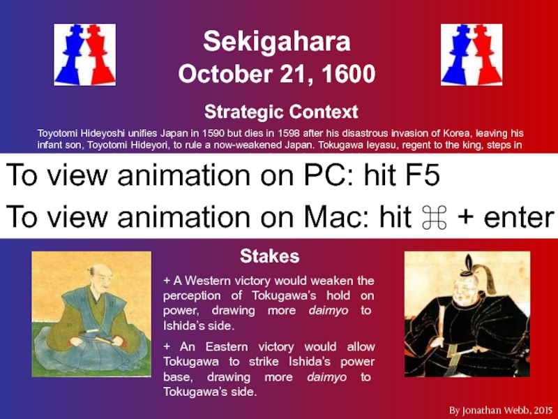 Sekigahara October 21, 1600
Strategic Context
Toyotomi Hideyoshi unifies Japan