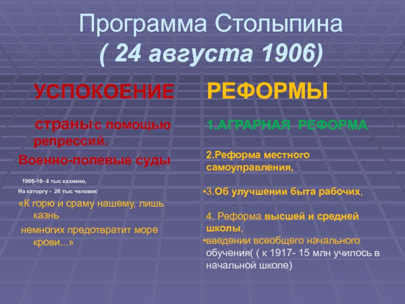 Какие действия подразумевали проектами успокаивающих реформ столыпина