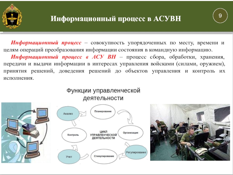 Информационный процесс – совокупность упорядоченных по месту, времени и целям операций преобразования информации состояния в командную информацию.Информационный