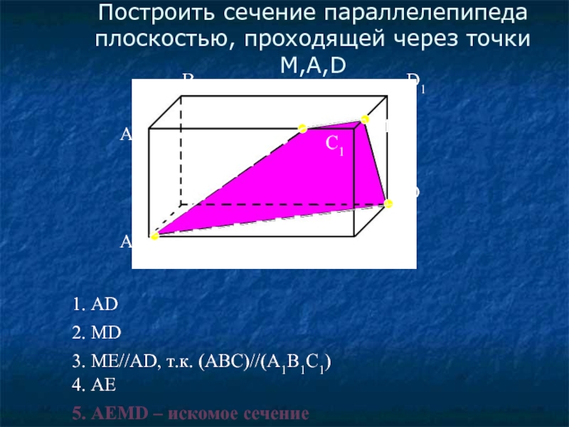 A1АВВ1СС1DD1Построить сечение параллелепипеда плоскостью, проходящей через точки M,A,DМ1. AD2. MD3. ME//AD, т.к. (ABC)//(A1B1C1)4. AE5. AEMD – искомое