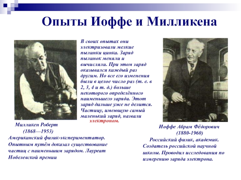 Доказал существование заряда. Опыт Иоффе и Милликена. Роберт Милликен опыт. Иоффе Абрам Федорович опыты. Опыт Роберта Милликена и Абрама Иоффе.