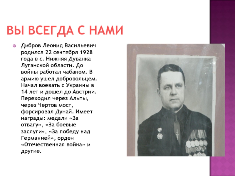ВЫ ВСЕГДА С НАМИДибров Леонид Васильевич родился 22 сентября 1928 года в с. Нижняя Дуванка Луганской области.