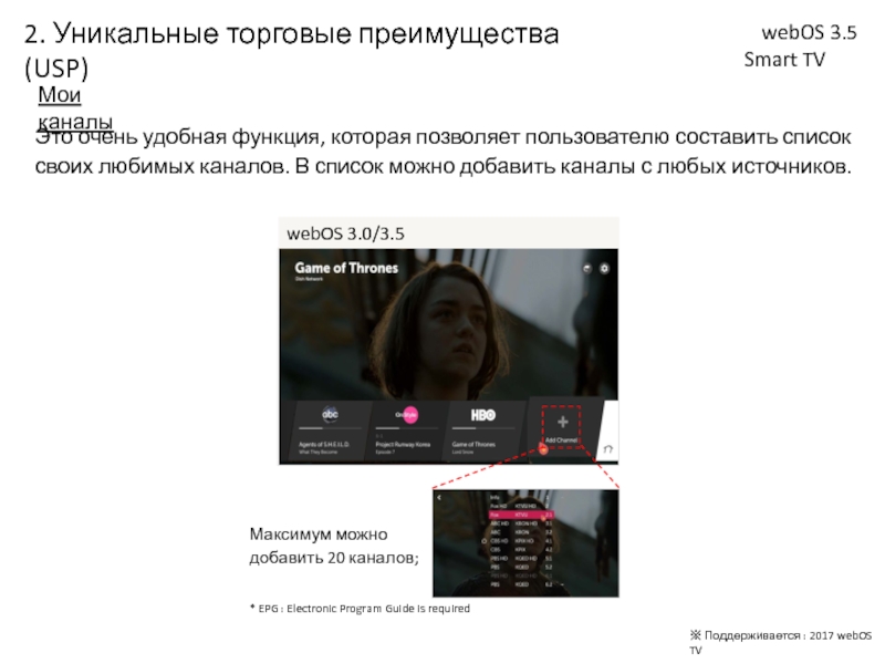 Мои каналыМаксимум можно добавить 20 каналов;webOS 3.0/3.5Это очень удобная функция, которая позволяет пользователю составить список своих любимых