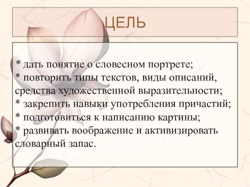 ЦЕЛЬ  * дать понятие о словесном портрете; * повторить типы текстов, виды описаний, средства художественной выразительности;