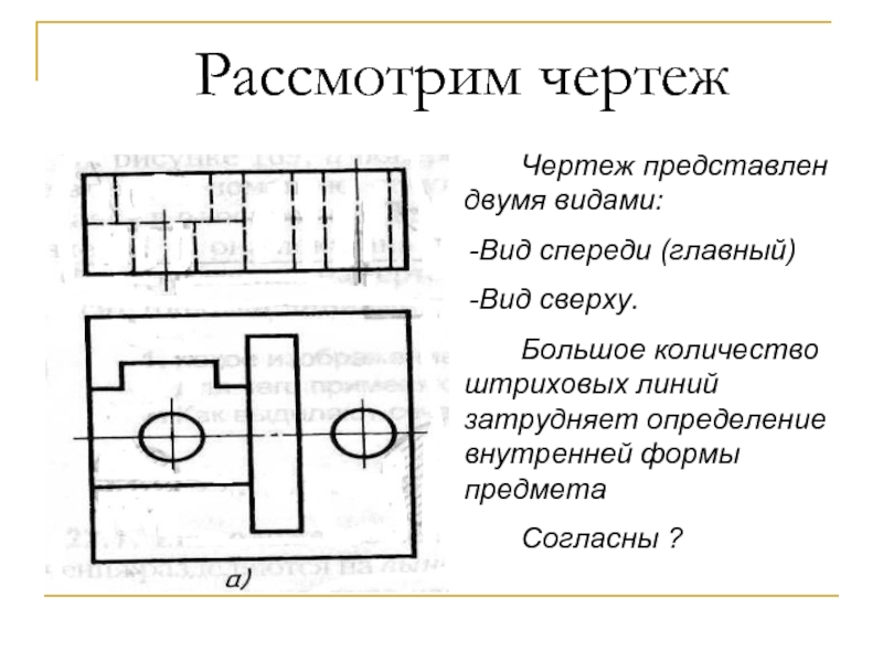 Согласно чертежу. Рассматривают чертежи. Описать чертеж. Внутренняя форма на чертеже. Как обозначается главный вид сверху вид.