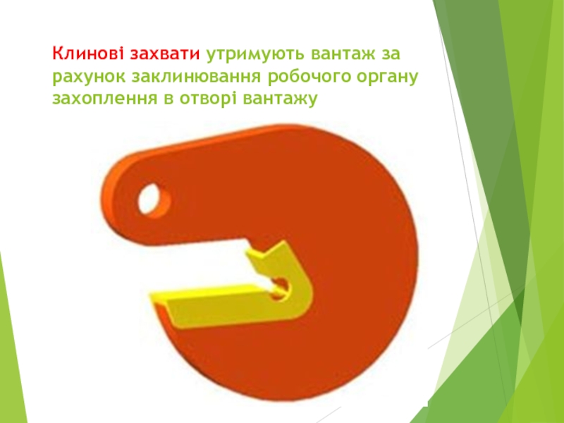 “ Крюки та петлі ” Клинові захвати утримують вантаж за рахунок заклинювання робочого органу захоплення в отворі вантажу Клинові захвати утримують вантаж за рахунок заклинювання робочого органу захоплення в отворі вантажу