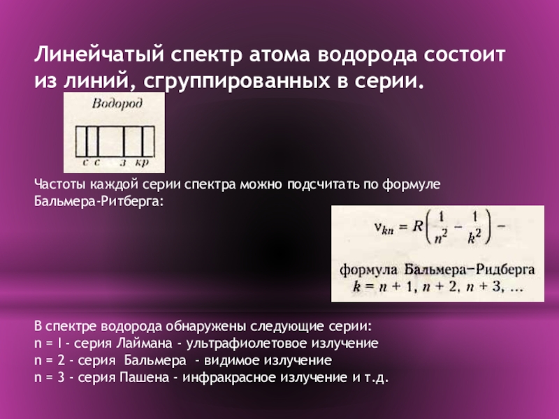 Спектр атома водорода. Линейчатый спектр атома водорода. Спектральные линии водорода. Спектр излучения атома водорода. Линейчатый спектр излучения атома водорода.