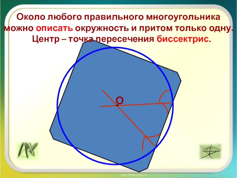 Около многоугольника. Около любого правильного многоугольника можно описать окружность. Вокруг любого правильного многоугольника можно описать окружность. Около любого правильного многоугольника можно описать. Центр окружности описанной около многоугольника точка пересечения.