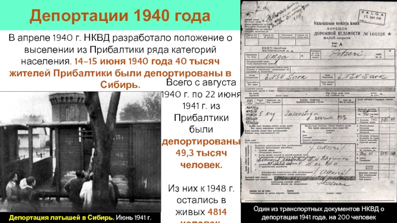 В апреле 1940 г. НКВД разработало положение о выселении из Прибалтики ряда категорий населения. 14–15 июня 1940