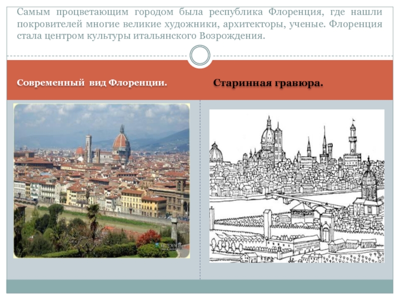 Современный вид Флоренции.Старинная гравюра.Самым процветающим городом была республика Флоренция, где нашли покровителей многие великие художники, архитекторы, ученые.