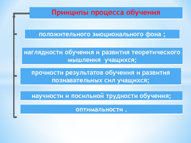 Принципы обучения наглядности доступности. Принципы процесса обучения. Принцип наглядности обучения и развития теоретического мышления. Принцип положительного эмоционального фона обучения. Посильно трудности принцип обучения.