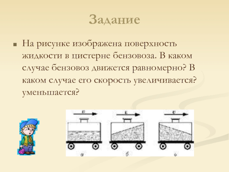 Вертикальная инерция. Задачи по инертности. На рисунке изображена поверхность жидкости в цистерне. На рисунках изображены поверхности жидкости в цистерне бензовоза. Задача по теме инертность.