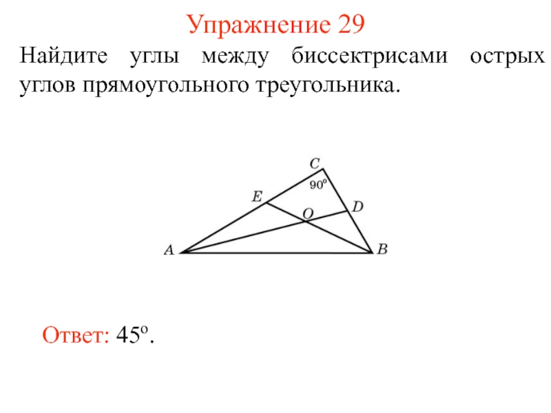 Найдите угол между биссектрисами углов прямоугольного треугольника