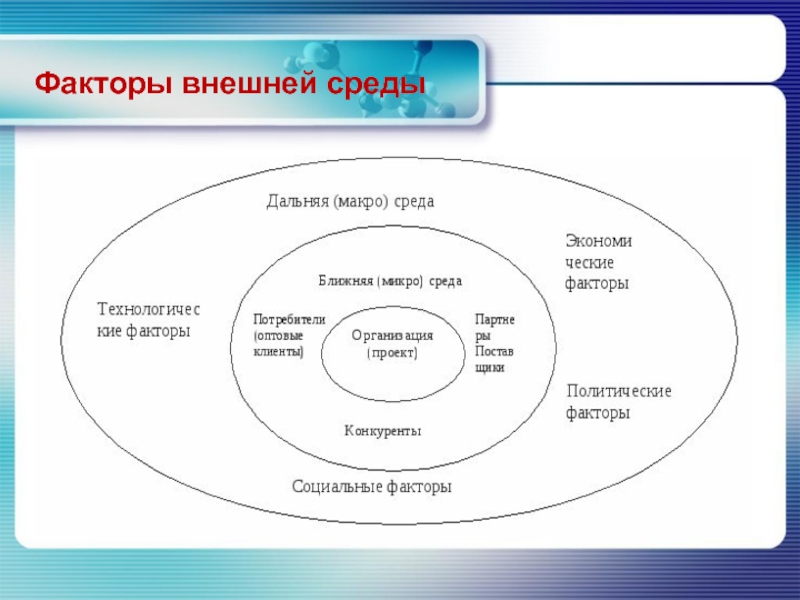 Какой элемент не относится к факторам внешней среды проекта