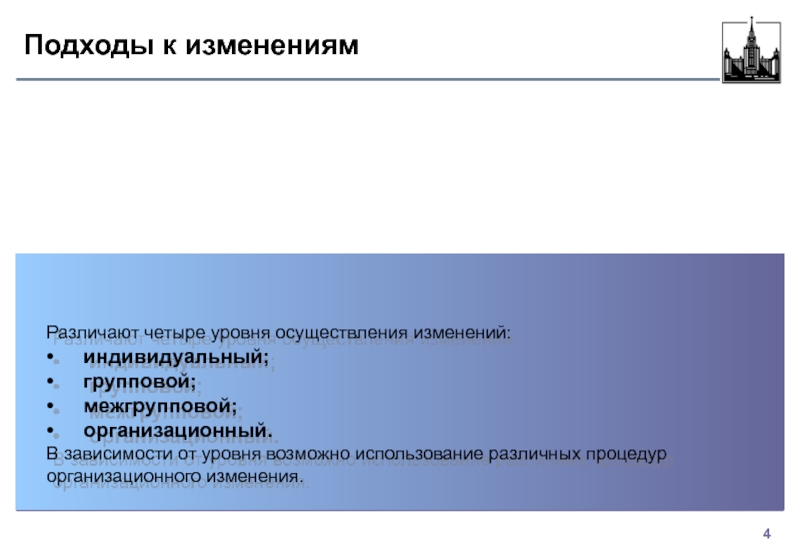 Экономика Подходы к изменениямРазличают четыре уровня осуществления изменений:•	индивидуальный;•	групповой;•	межгрупповой;•	организационный.В зависимости от уровня возможно использование различных процедур организационного изменения. Подходы к изменениямРазличают четыре уровня осуществления изменений:•	индивидуальный;•	групповой;•	межгрупповой;•	организационный.В зависимости от уровня возможно использование различных процедур организационного изменения.