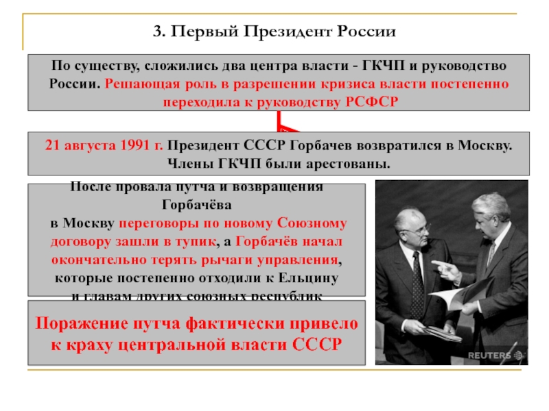 3. Первый Президент РоссииПо существу, сложились два центра власти - ГКЧП и руководствоРоссии. Решающая роль в разрешении кризиса