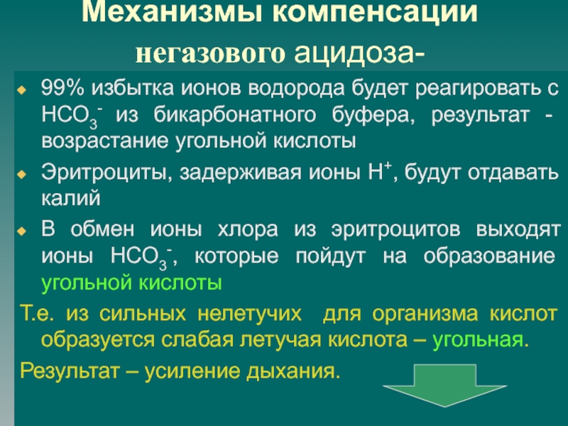 Механизм компенсации. Компенсация негазового ацидоза. Механизм негазового ацидоза. Механизм развития негазового ацидоза. Механизмы компенсации ацидоза.