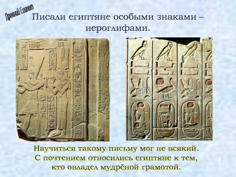 Писали египтяне особыми знаками – иероглифами.Древний ЕгипетНаучиться такому письму мог не всякий.  С почтением относились египтяне