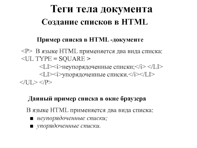Теги тела документа Пример списка в HTML -документе  В языке HTML применяется два вида списка: 	неупорядоченные