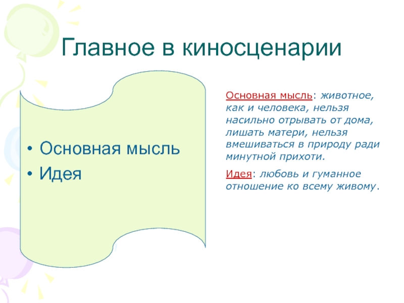 Главное в киносценарииОсновная мысльИдеяОсновная мысль: животное, как и человека, нельзя насильно отрывать от дома, лишать матери, нельзя