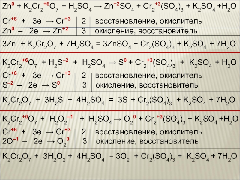 Zn0 + K2Cr2+6O7 + H2SO4 → Zn+2SO4 + Cr2+3...