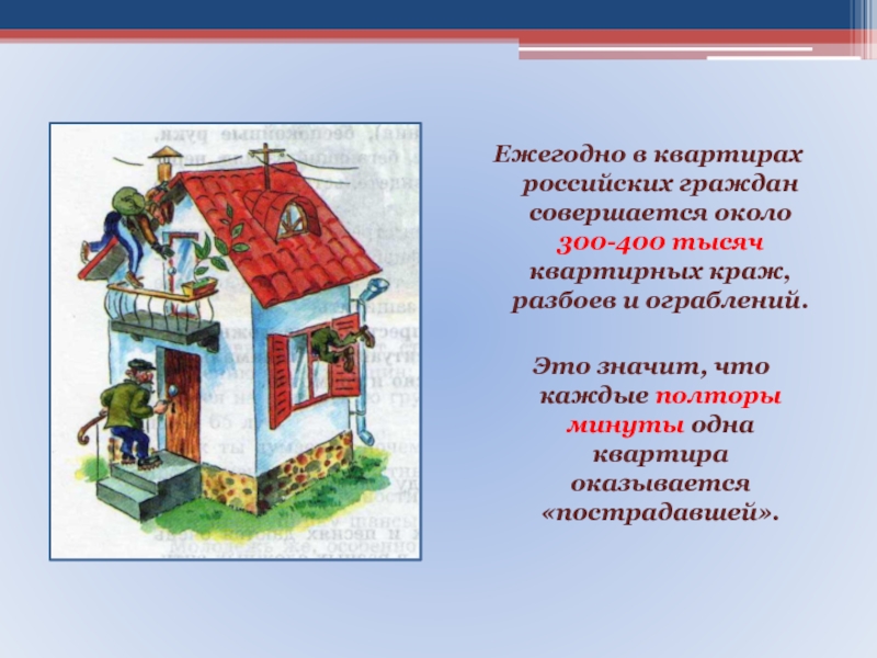 Ежегодно в квартирах российских граждан совершается около 300-400 тысяч квартирных краж, разбоев и ограблений. Это значит, что