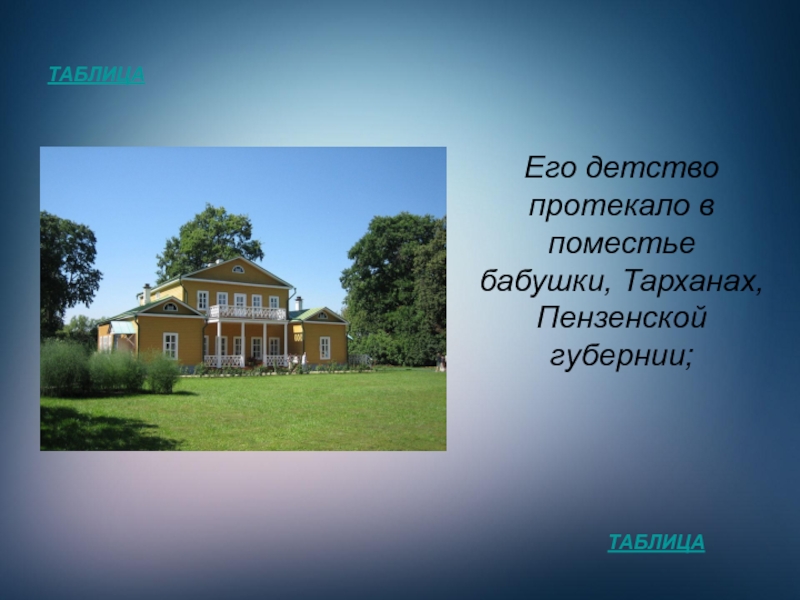 Его детство протекало в поместье бабушки. Имение бабушки Гаршина. Как называлось имение бабушки Лермонтова. Имение бабушки Пушкина со стороны матери.