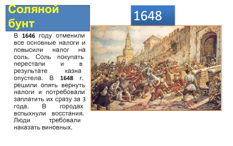 Что было одним из результатов соляного бунта. Восстание в Москве в 1648 г. Соляной бунт 1648 г.