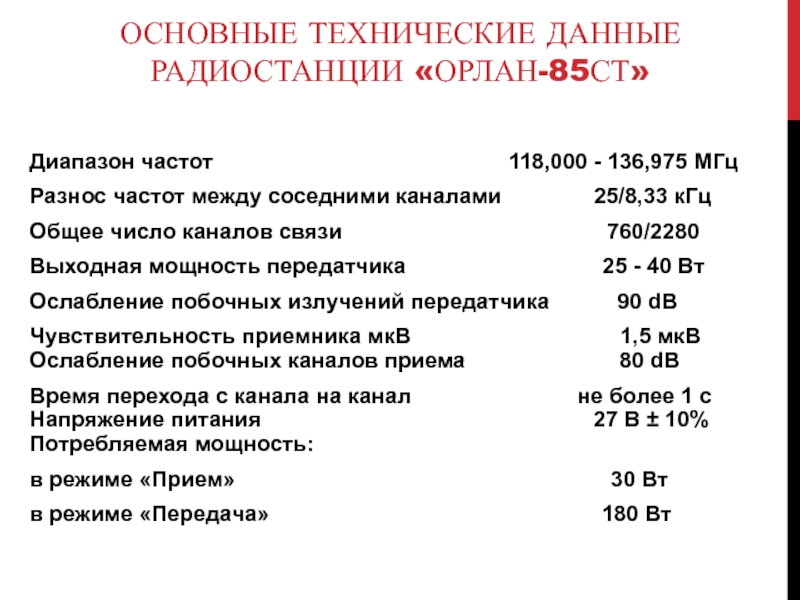 ОСНОВНЫЕ ТЕХНИЧЕСКИЕ ДАННЫЕ РАДИОСТАНЦИИ «ОРЛАН-85СТ» Диапазон частот