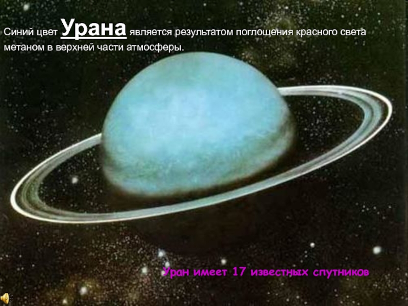 Синий цвет Урана является результатом поглощения красного света метаном в верхней части атмосферы. Уран имеет 17 известных