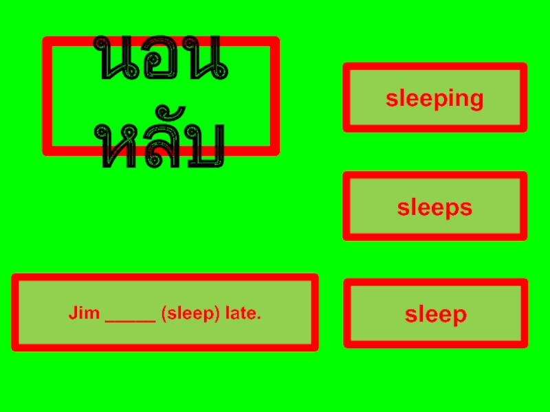 correct answer transparentsleepssleepingsleepJim _____ (sleep) late.Wrong answer transparent Wrong answer transparent นอนหลับ