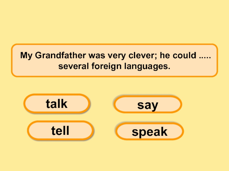  My Grandfather was very clever; he could ..... several foreign languages.      saytellspeaktalk