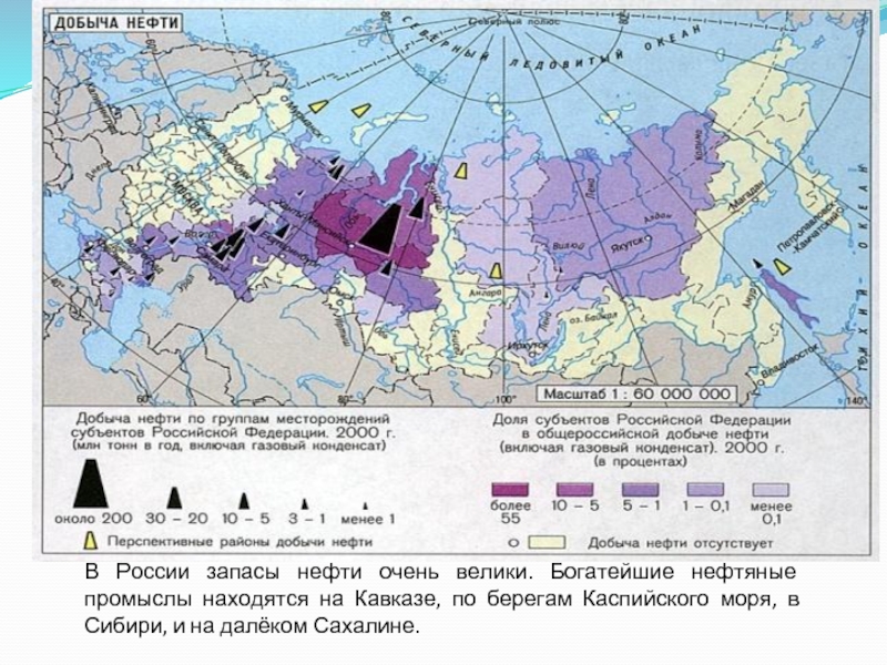 В России запасы нефти очень велики. Богатейшие нефтяные промыслы находятся на Кавказе, по берегам Каспийского моря, в