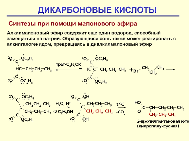 Одноосновная кислота гидрокарбонат натрия. Синтезы на основе малоновой кислоты и малонового эфира. Синтез янтарной кислоты из малонового эфира. Малоновый эфир и этилат натрия. Синтез малонового эфира из уксусной кислоты.