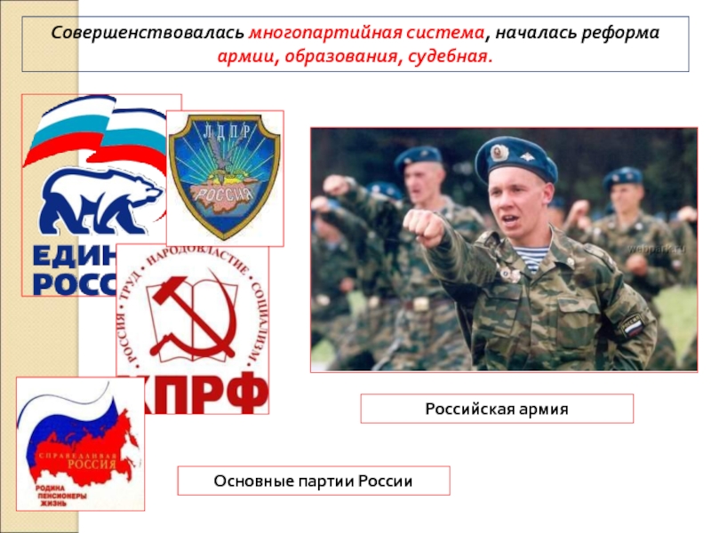 8. Россия в 21 веке Совершенствовалась многопартийная система, началась реформа армии, образования, судебная.Российская армияОсновные партии России Совершенствовалась многопартийная система, началась реформа армии, образования, судебная.Российская армияОсновные партии России